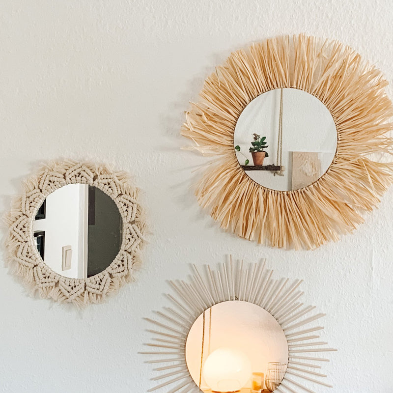 DIY-Box: Boho-Spiegel mit einem Sonnenspiegel, einem Raffia-Spiegel und einem Makramee Spiegel in der Farbe Natur
